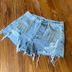 Adika denim rhinestone tassel shorts